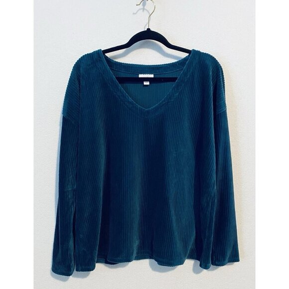 J Jill Top Womens Large Teal Blue Ribbed Velour V Neck Boxy Comfy Loungewear - Picture 1 of 7
